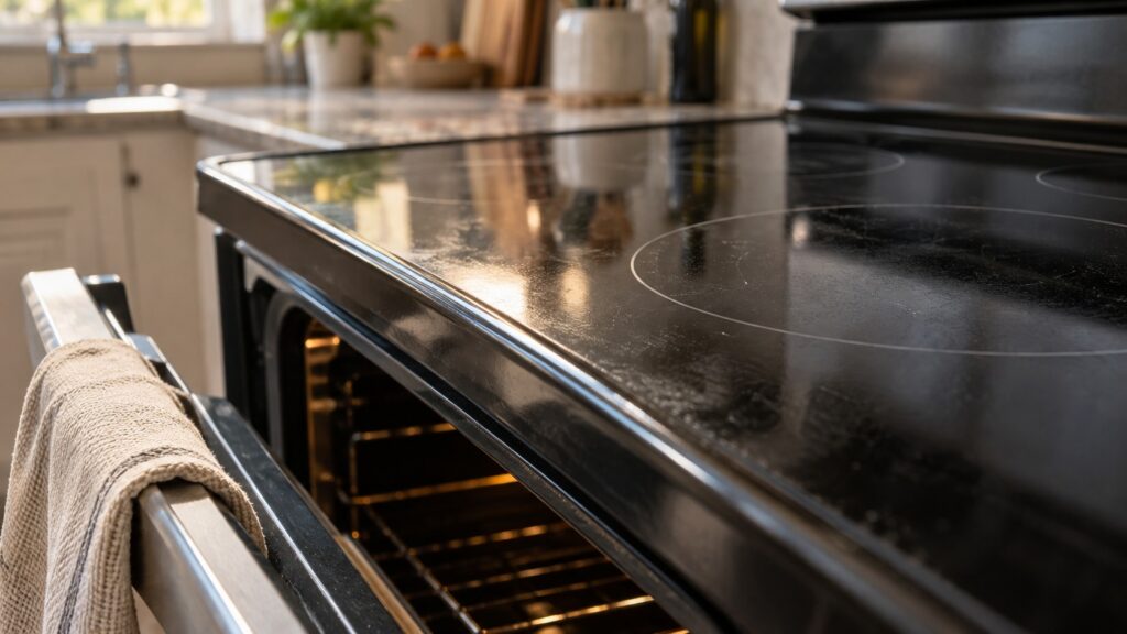 Close-up of the surface of a glass cooktop at a low angle with the door open, framed tightly on the detail, with a kitchen towel draped over the handle.