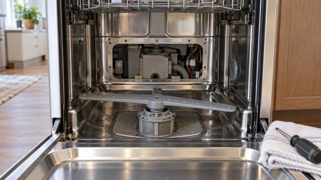 Close-up of the open lower basin of a stainless dishwasher with the filter and spray arm with the rear service panel removed, seen straight on from the front, with a screwdriver resting on a towel.