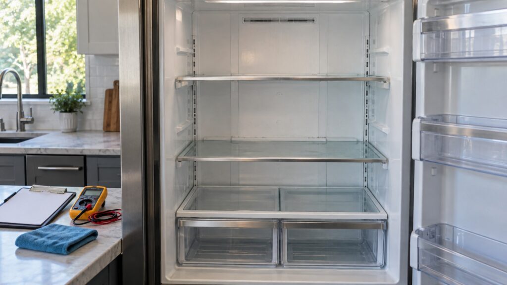 Close-up of the interior back wall and shelves of a built-in refrigerator with a technician's clipboard and multimeter on the counter, seen straight on from the front, with a folded microfibre cloth on the counter nearby.