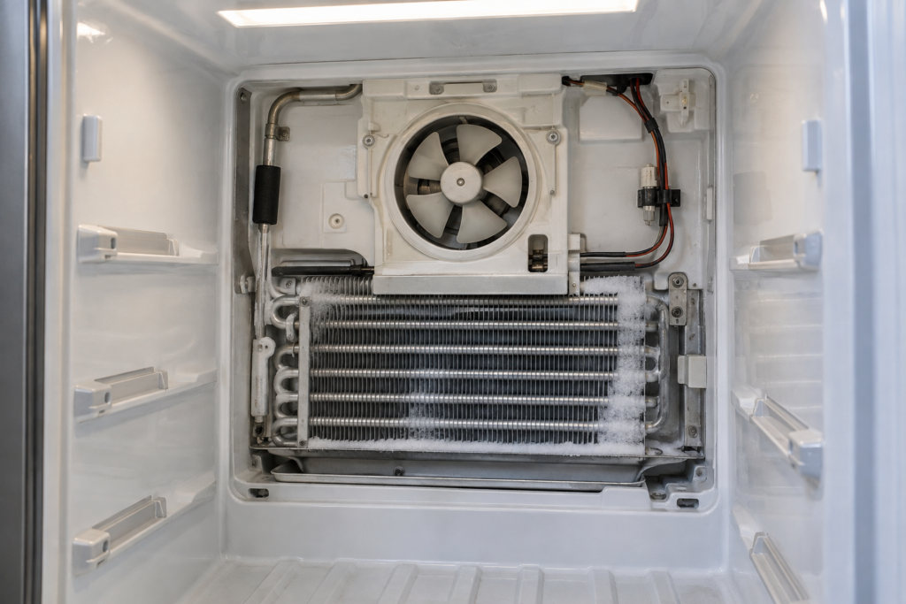 The rear interior wall of an open built-in column freezer with its evaporator cover panel removed, the circulation fan blades visible under a light dusting of frost.