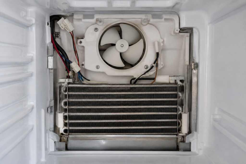 A close view of the rear wall of a refrigerator column freezer compartment with the evaporator panel removed, showing the fan shroud, blades and sensor lead.