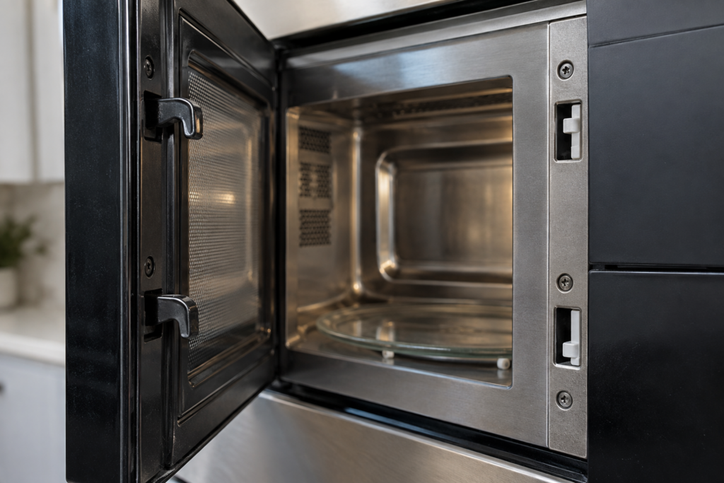 The open door of a built-in microwave in close view, with the latch hooks on the door edge and the interlock frame both sharp.