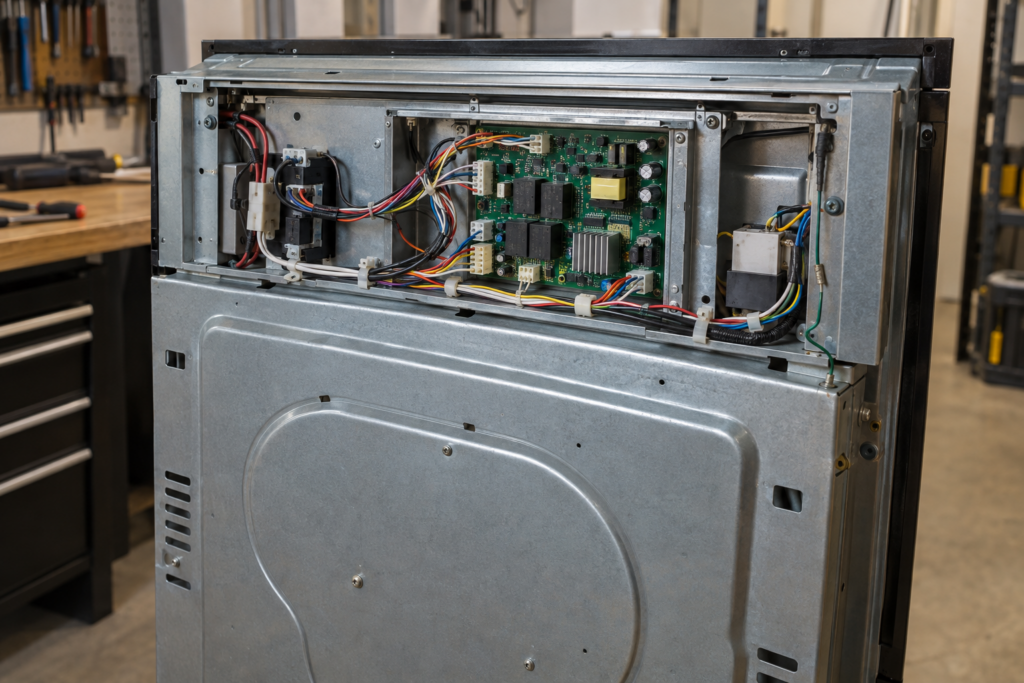 The rear control compartment of a built-in wall oven with its access panel removed, showing the control board and wiring harness.