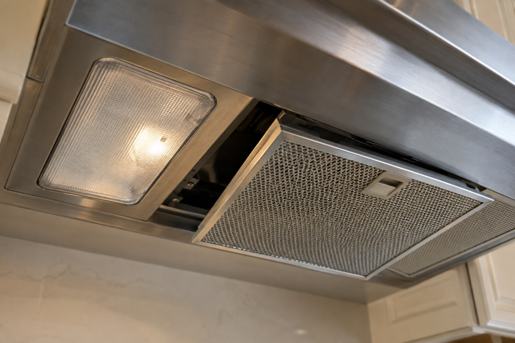 A close view looking up at the underside of a range hood, a light fixture lens beside a grease filter partly slid out.