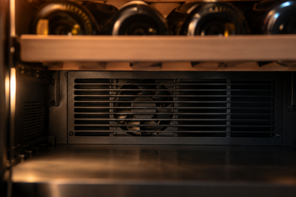 The lower grille inside a wine column with the circulation fan visible behind the slats and a shelf of bottles out of focus in front.