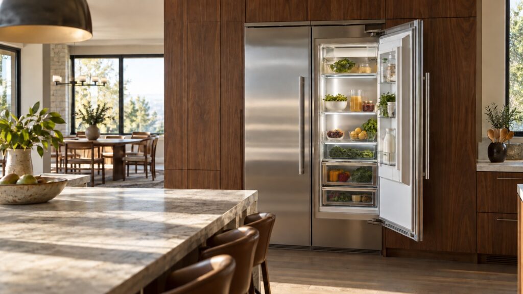 Two tall stainless steel refrigeration columns stand side by side flush with walnut cabinetry in a spacious kitchen, one door open showing lit glass shelves.