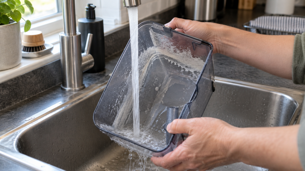 A coffee machine water tank crusted with pale limescale held under a running kitchen tap.
