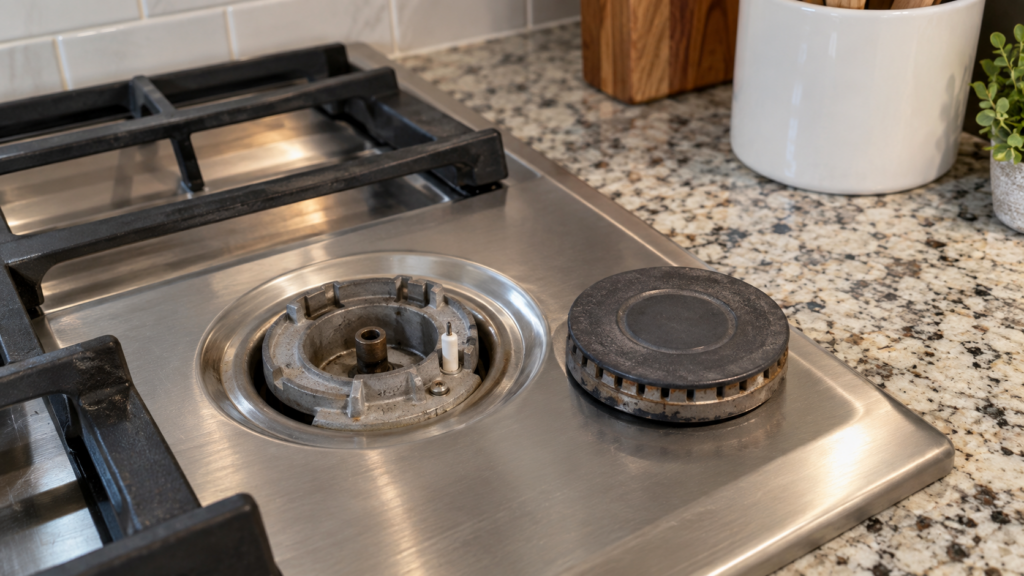A stainless steel gas cooktop burner head removed and set beside its base, the spark igniter electrode visible.