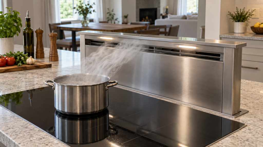 A stainless downdraft vent panel raised above the countertop behind an induction cooktop, with steam bending toward the intake.