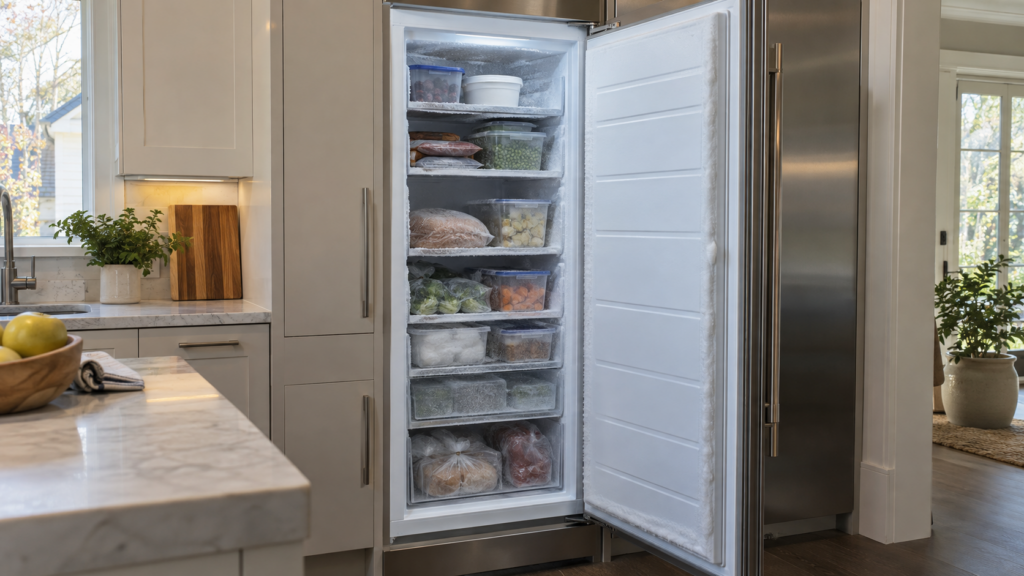 An open built-in column freezer door, frost-lined shelves and stored food visible inside.