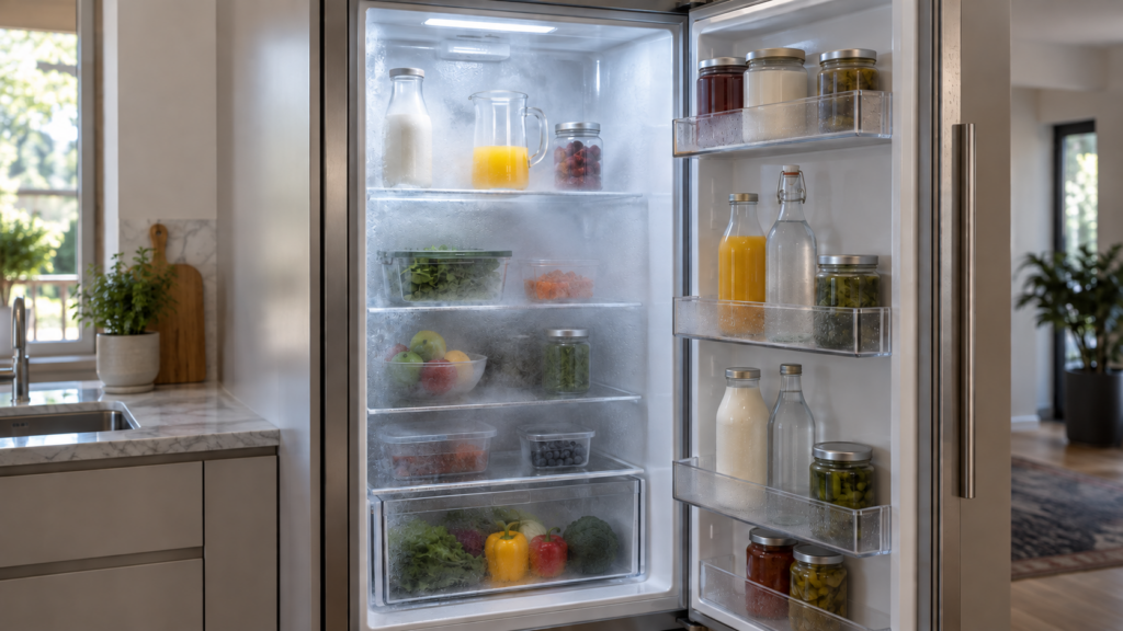 The interior of a tall built-in refrigerator column held open, with bottles and jars sweating on fogged glass shelves.