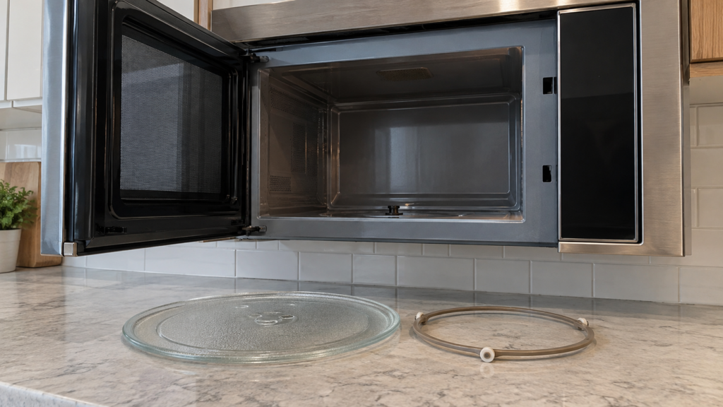 A built-in microwave seen from below with its glass turntable plate and roller ring lifted out and resting on the counter.