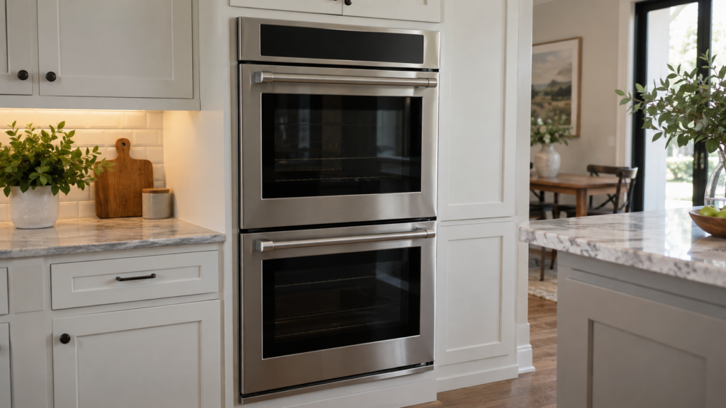 A built-in stainless steel double wall oven, its control panel area visible but blank.