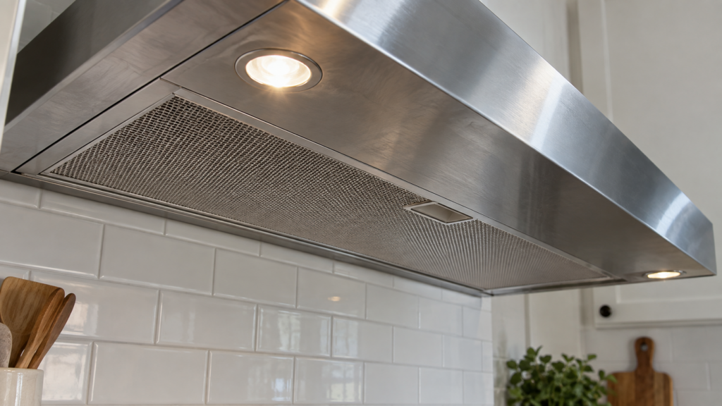 The underside of a stainless steel range hood mounted over a cooktop, the grease filter panel and light fixture visible.