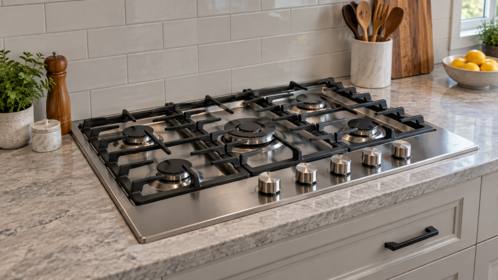 A built-in stainless steel gas rangetop set into a kitchen counter, burners and control knobs across its surface.