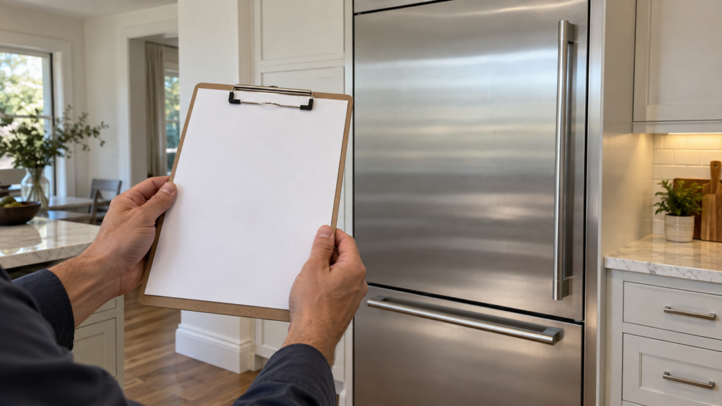 Two hands holding a clipboard with a blank sheet in front of a tall stainless built-in refrigerator column.