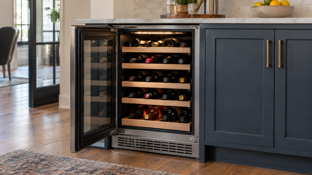 An open built-in wine refrigerator cabinet with bottles racked on shelves and a ventilation grille at the base.