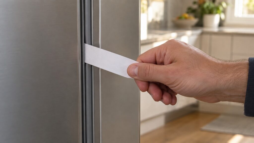 Close-up of a hand pulling a narrow strip of paper from between the closed door and the frame of a built-in refrigerator, with the grey rubber door gasket clearly in frame.