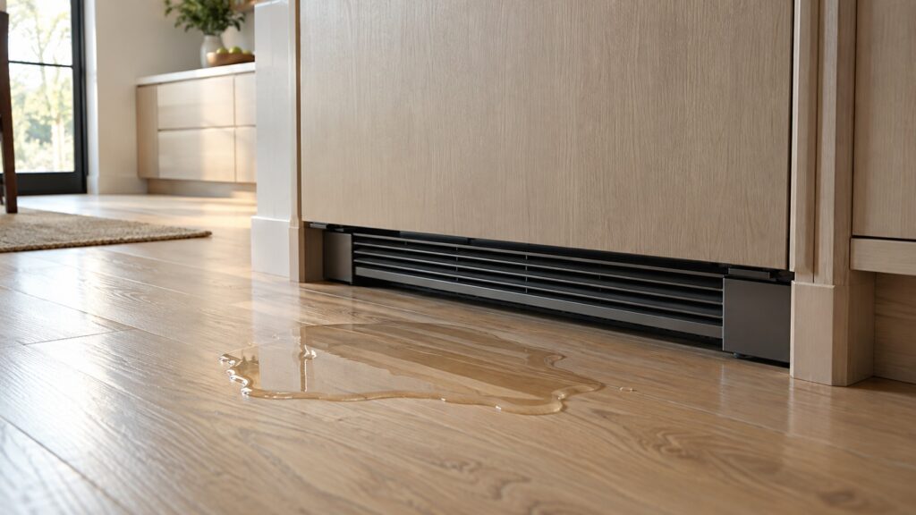 A small pool of clear water lies on pale oak flooring directly in front of a tall panel-ready built-in refrigerator, the lower toe-kick grille visible above it.