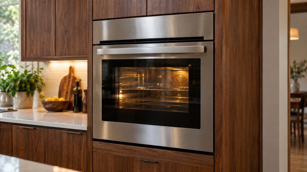 A built-in stainless steel wall oven sits at eye level in a walnut cabinet column, its door closed with the interior light on behind the dark glass and the ventilation slot above the door visible.