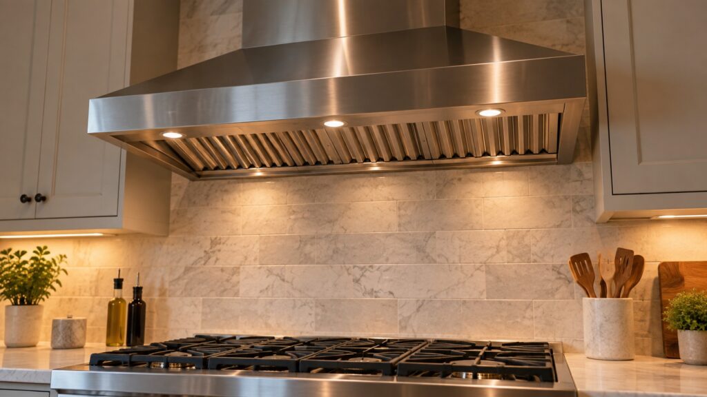 A wide stainless steel wall-mounted kitchen range hood sits above a professional gas rangetop, its underside and baffle filters clearly visible from below.