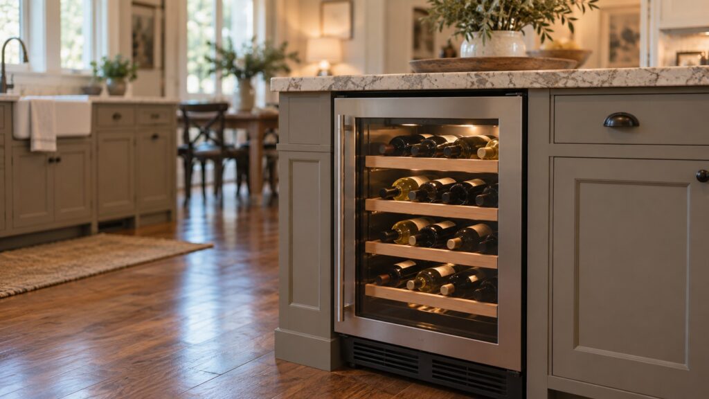 An undercounter glass-fronted wine refrigerator is built into a stone-topped kitchen island, bottles lying on wooden shelves behind the glass under soft interior light.