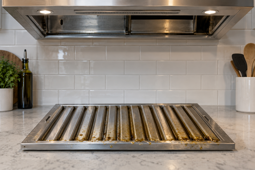 A baffle-type hood filter lying flat on a kitchen counter, yellowed grease clogging the slots along one edge, the empty filter track visible in the hood above it, soft kitchen light, no person and no hands in the frame.
