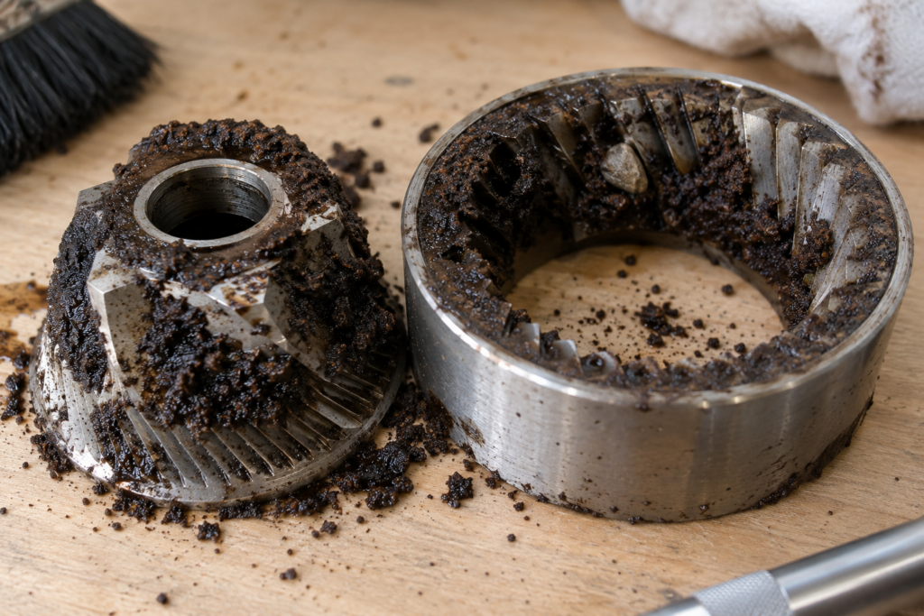 A pair of coffee grinder burrs with a thick coating of dark oily residue and clumped grounds between them, a tiny pebble caught among the teeth, close view.