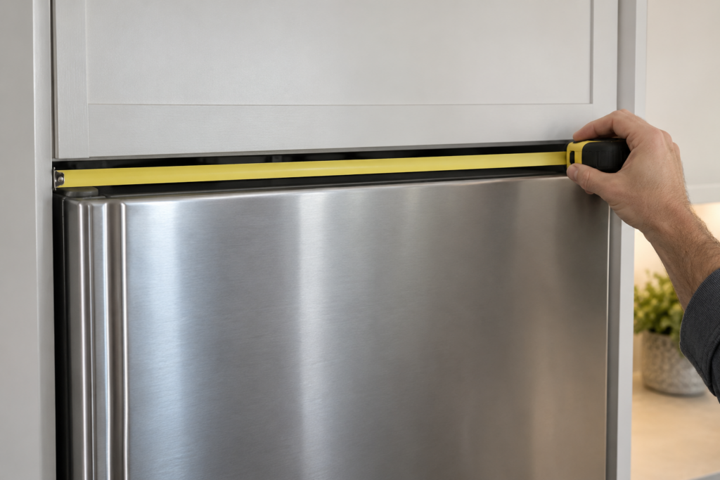 A hand holding a tape measure across the narrow gap between the top of a built-in refrigerator column and the cabinet above it, close view with side light.