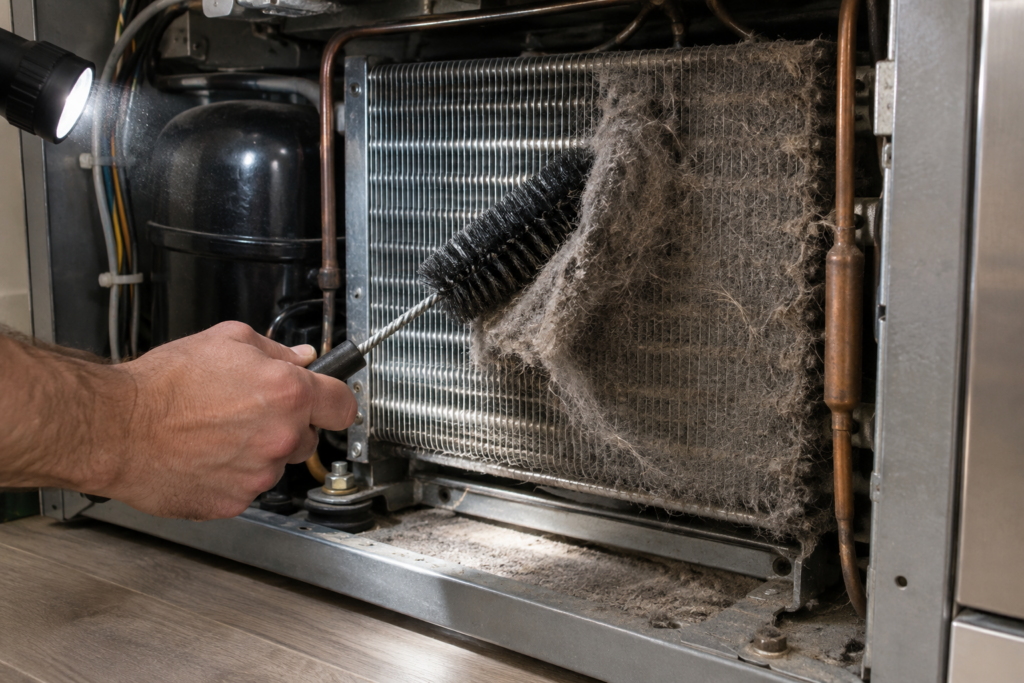 A long soft-bristled coil brush drawn along the fins of a dusty condenser coil, a gray felt of dust and pet hair lifting away.