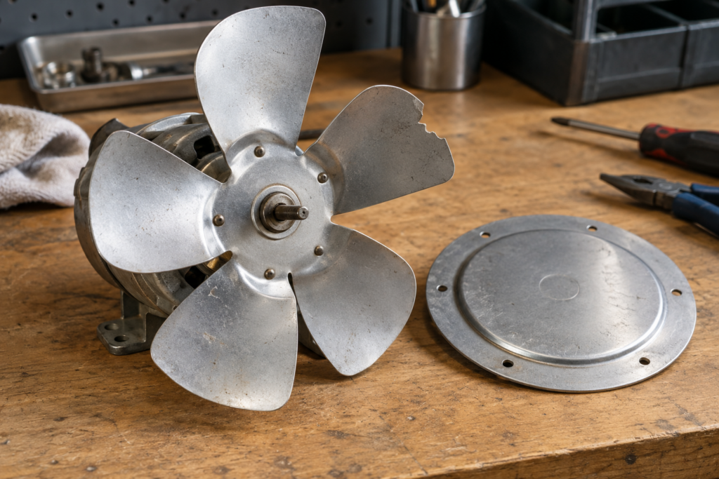 A convection fan blade with a small chipped tip mounted on its motor shaft on a workbench, the removed round cover plate beside it, soft work-lamp light, no person and no hands in the frame.