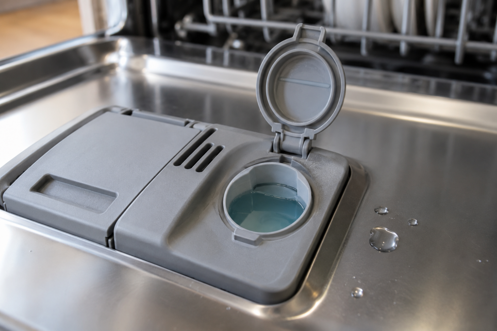 A close view of a dishwasher rinse aid dispenser with its cap lifted and the liquid level at a molded line inside the cap, a few spilled drops on the door beside it.