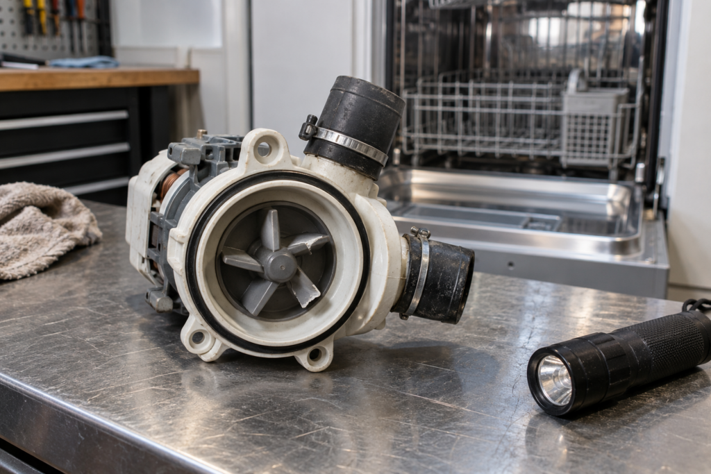 A removed dishwasher drain pump lies on a workbench with one cracked impeller blade visible at its inlet.
