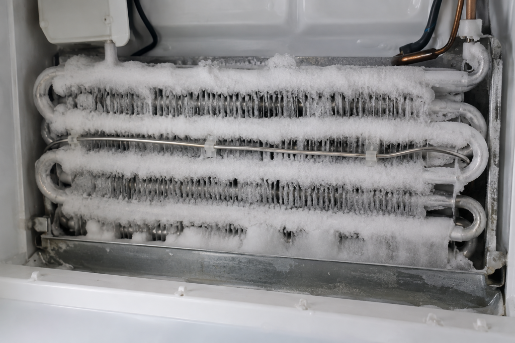 An evaporator coil with its cover removed, thick white frost clinging to the tubes and a thin heater wire running between them, cold white light, no person and no hands in the frame.
