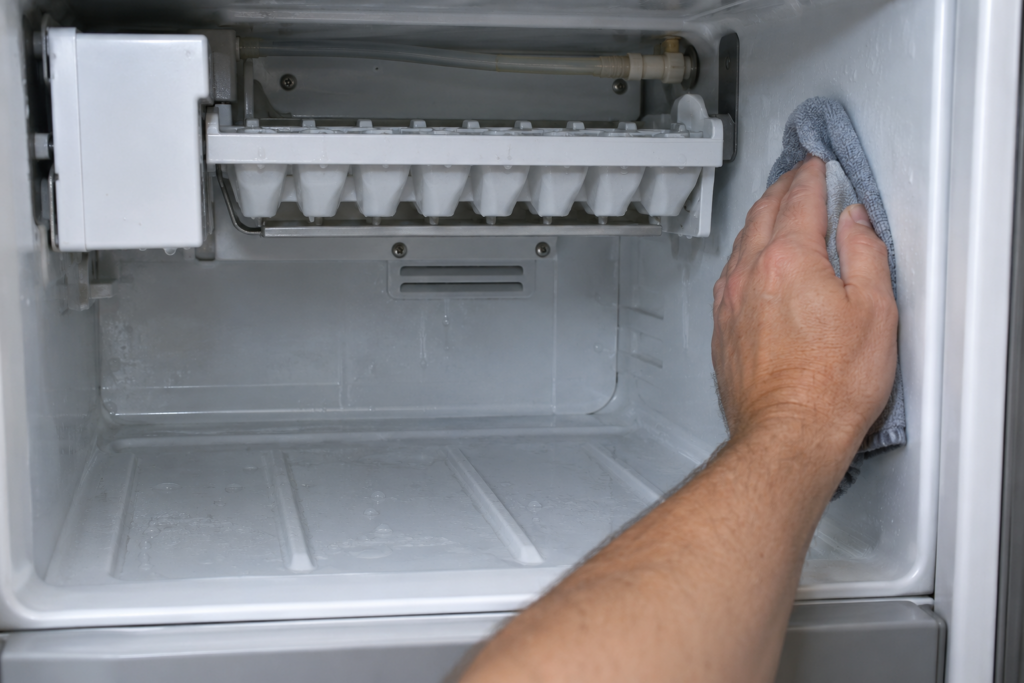 The ice bin is out of a refrigerator, showing the tray and thin water fill tube while a damp cloth wipes the cavity wall.