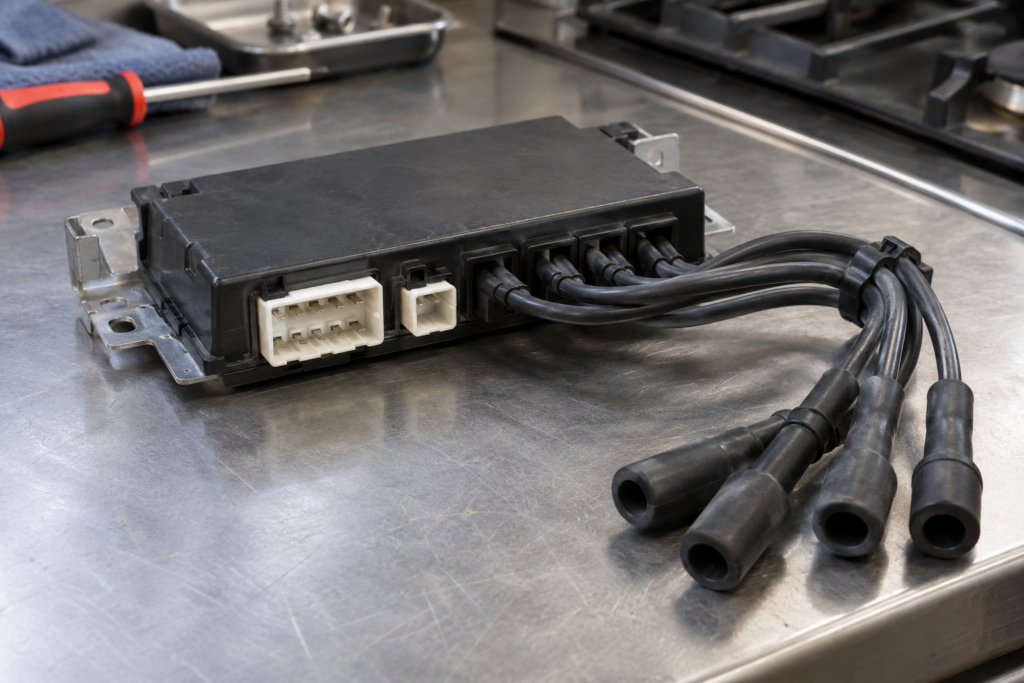 A removed electronic ignition module lies on a workbench with its multi-pin connectors and spark leads.