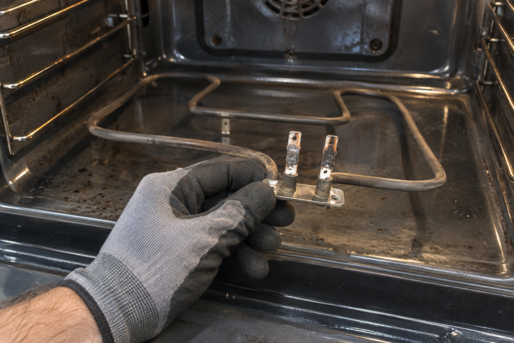 The lower bake element of a wall oven raised slightly from the cavity floor, its terminal ends showing dark scorching, held by a gloved hand.
