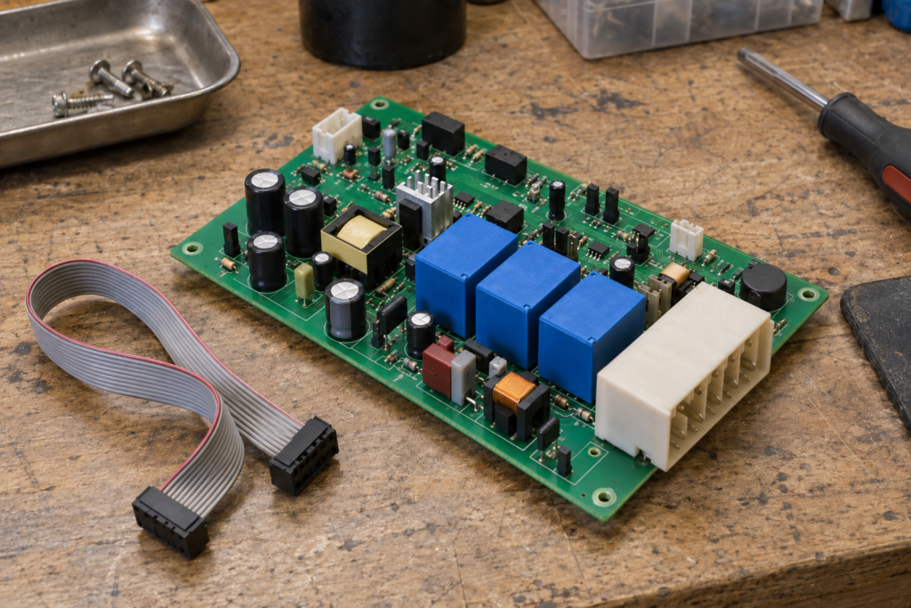 A bare oven control circuit board lying on a workbench with a row of three blue relays and a heavy white power connector block, a ribbon cable coiled beside it, soft work-lamp light, no person and no hands in the frame.