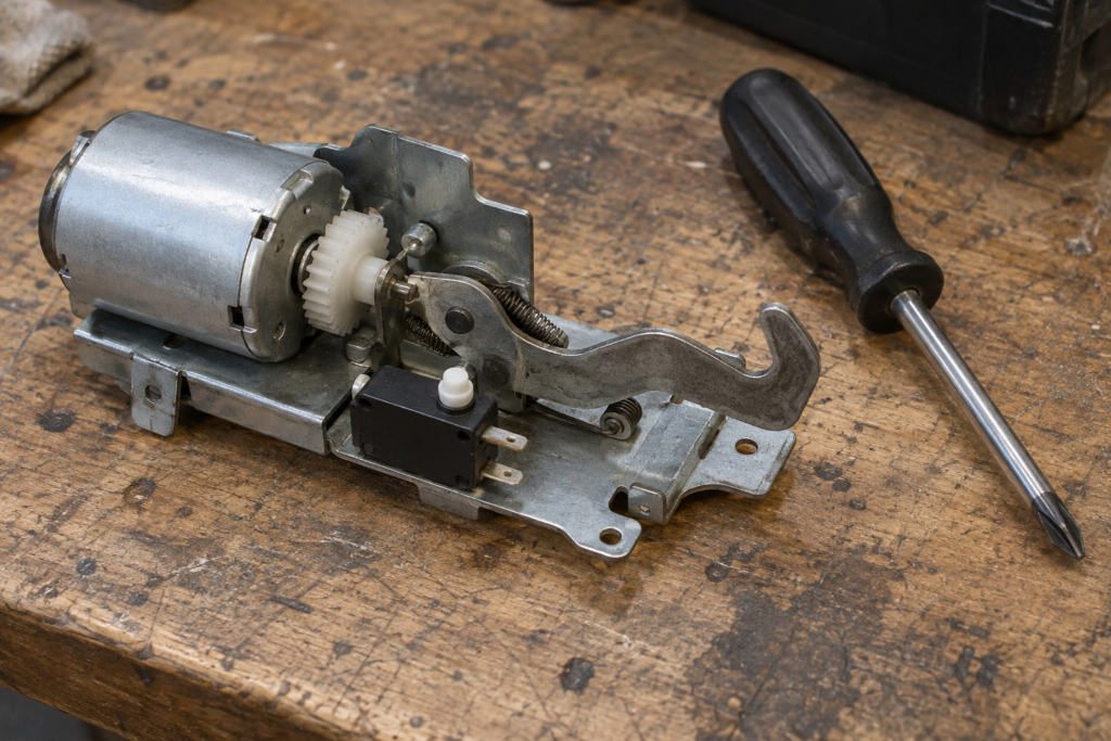 A wall oven door latch assembly laid on a workbench, a small gear motor, a hooked lever and a tiny microswitch visible, a screwdriver beside it.