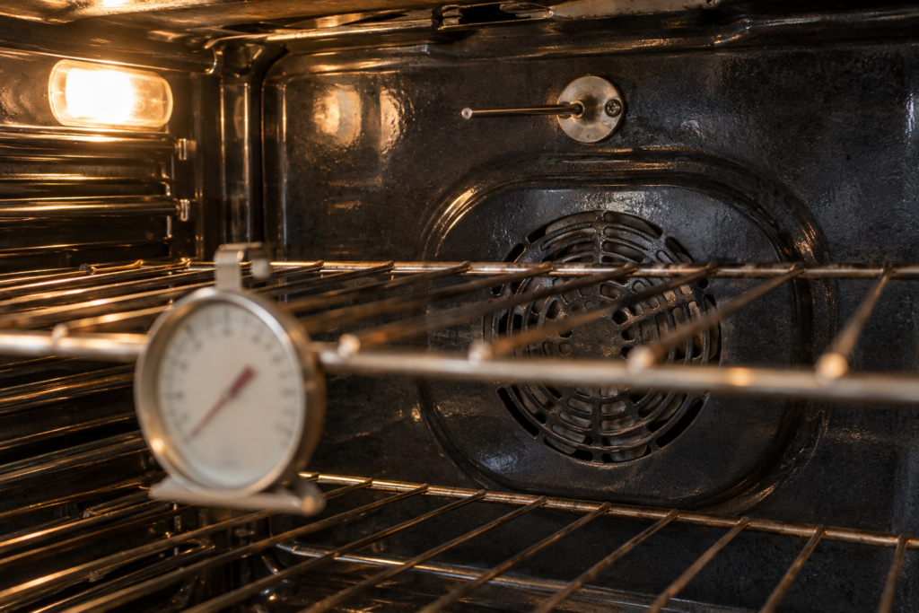 A close view of the rear wall inside an empty built-in wall oven with a slim metal temperature probe projecting from the wall and a dial oven thermometer hanging from the center rack.