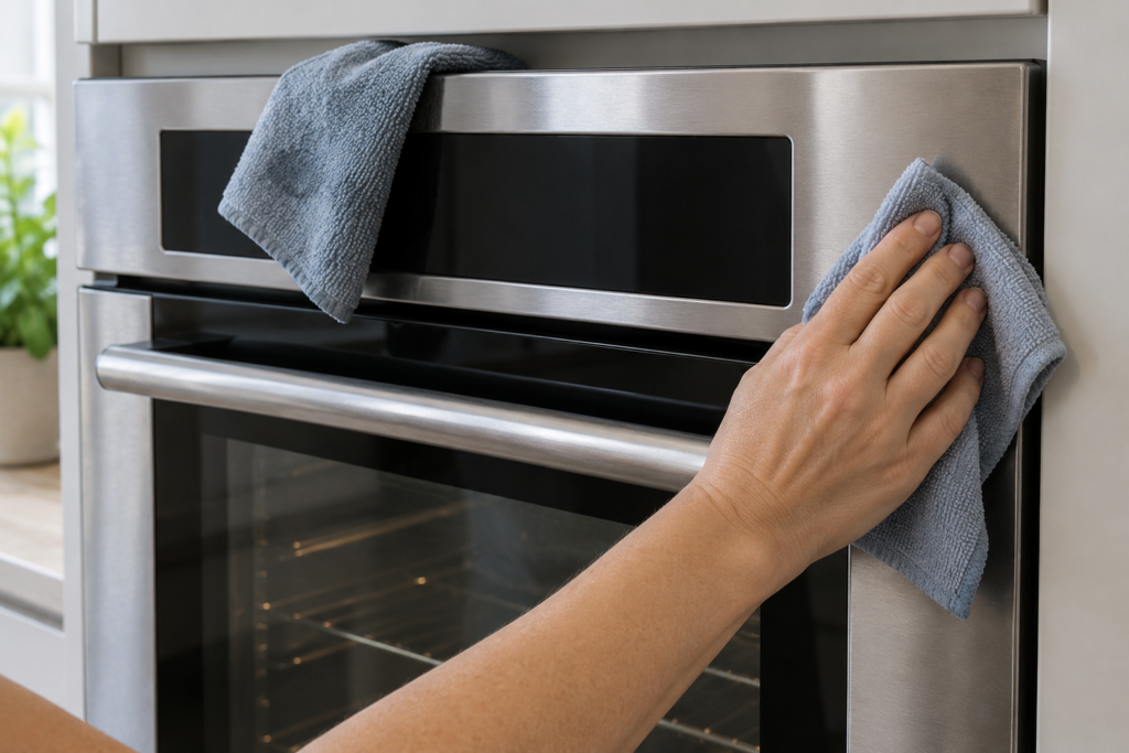 A damp cloth resting across the flat touchpad of a built-in wall oven while a hand wipes the stainless frame beside it, close view.