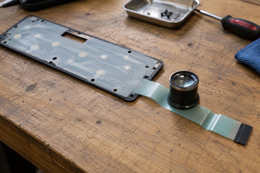 A removed membrane keypad lying face down on a workbench, its flat ribbon cable showing a creased fold near the connector, a loupe resting beside it.