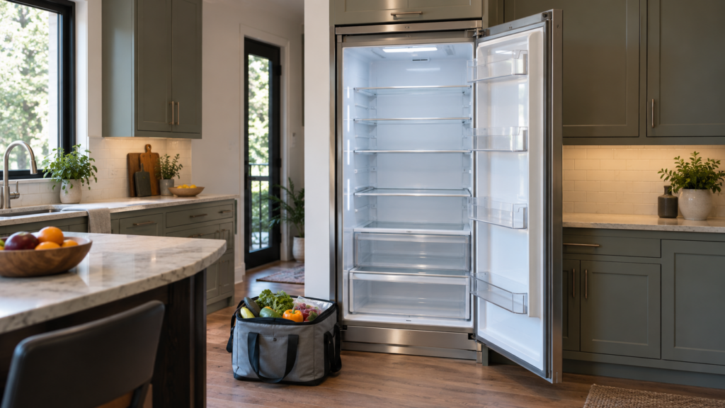 A tall stainless refrigerator column with its door standing open, the shelves emptied and a cooler bag of food on the kitchen floor beside it, an American kitchen with cabinetry on both sides.