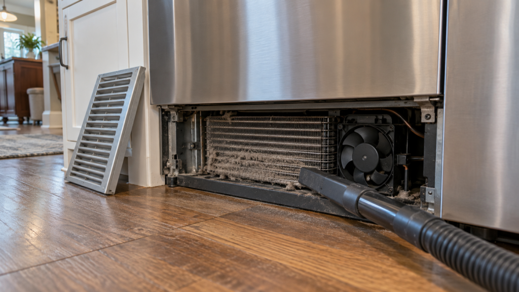 The base grille of a tall built-in refrigerator column lifted off, a dusty coil face and a small fan visible behind it with a vacuum nozzle entering the frame.