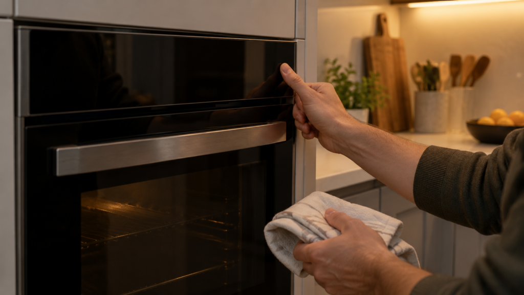 A bare thumb held against one key at the edge of a dark glass touch control panel on a built-in wall oven, the other hand holding a folded dish towel, an American kitchen with soft evening light.