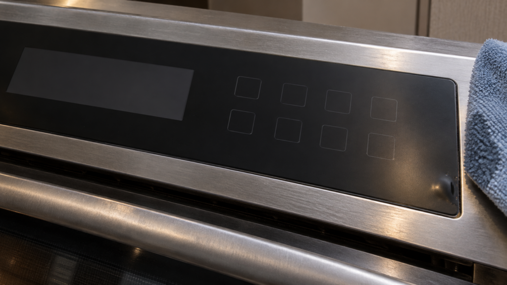 A close view from above of a wall oven's flat keypad overlay with a faint blister rising under the plastic surface near one corner, raking side light along the panel, the damp corner of a cloth at the edge of the frame.