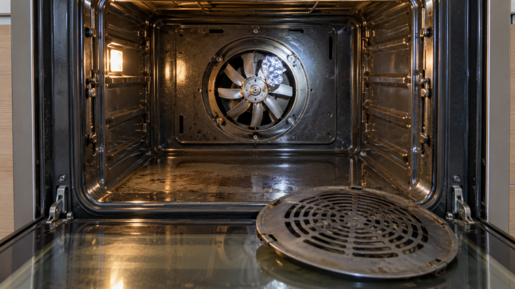 The rear wall of an empty built-in oven with the round fan cover plate removed and leaning against the open door, a crumpled piece of foil caught behind the fan blade and a flashlight beam on it, no person and no hands in the frame.