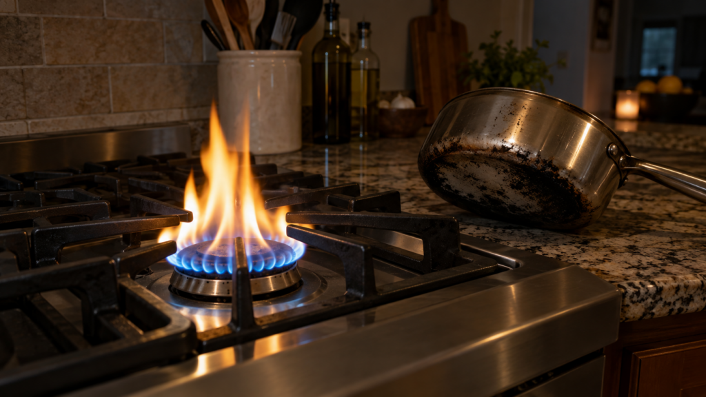 A lit gas cooktop burner whose flame is blue at the base with tall yellow tips, a soot-darkened pan lifted aside.