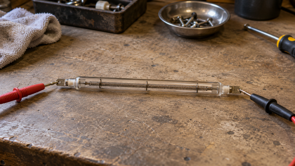 A glass-tube defrost heater lying on a workbench with two red and black multimeter probes pressed against its terminals, soft work-lamp light, no person and no hands in the frame.