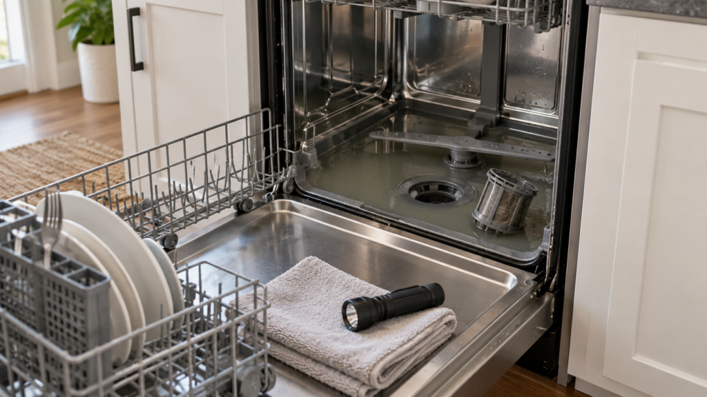 A shallow layer of gray water sits in the bottom of an open dishwasher tub with the lower rack pulled out.
